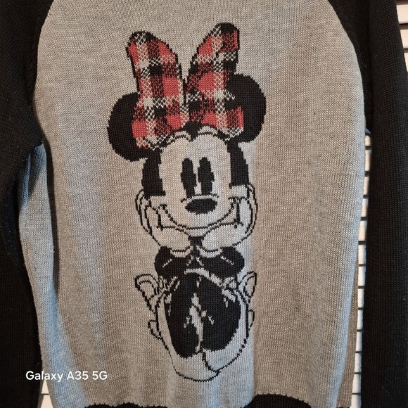 Disney Minnie Mouse Black & Gray Raglan Knit Sweater With Red Plaid Bow Womens M - Picture 2 of 6